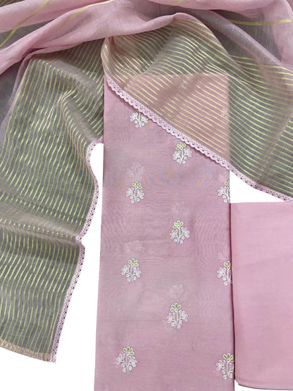 Pink Banarasi Chanderi Silk Three Piece Unstitched Suit Set