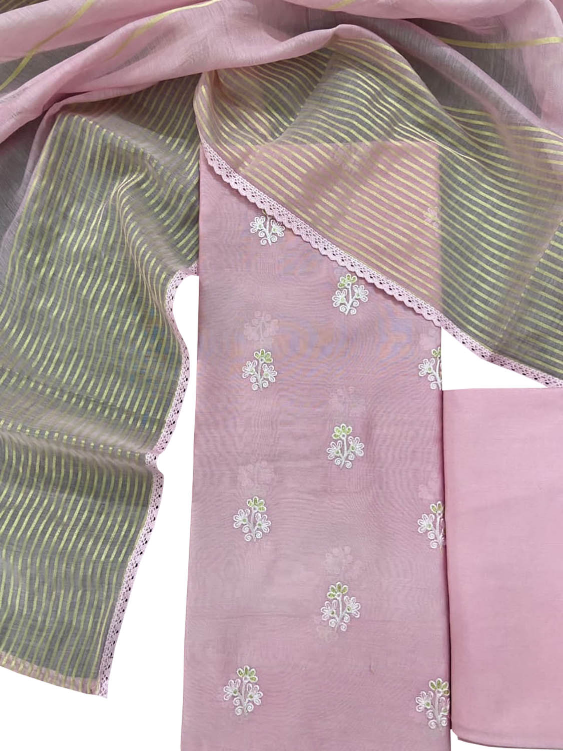 Pink Banarasi Chanderi Silk Three Piece Unstitched Suit Set - Luxurion World