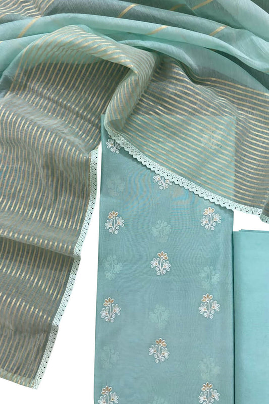 Blue Banarasi Chanderi Silk Three Piece Unstitched Suit Set - Luxurion World