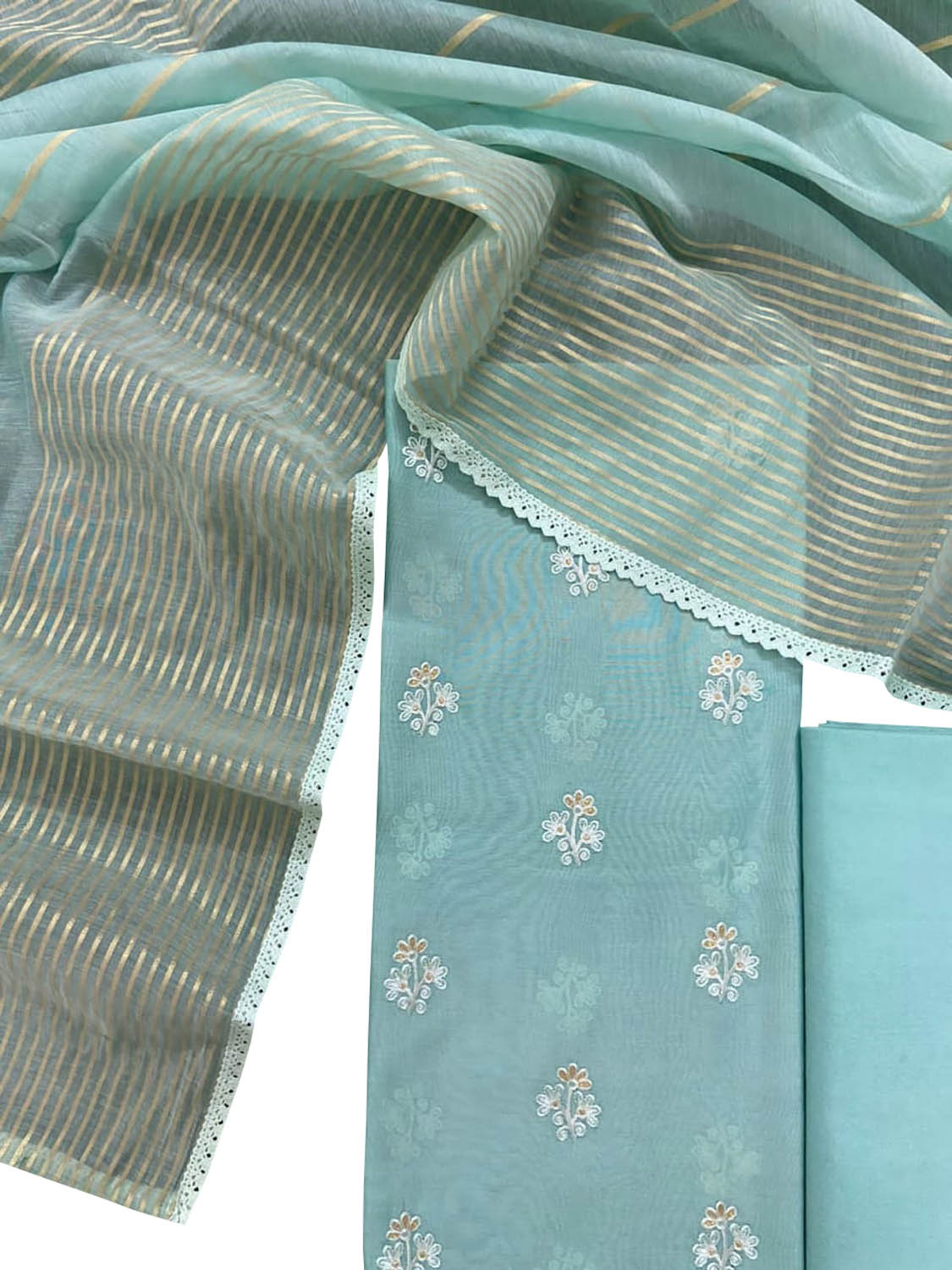 Blue Banarasi Chanderi Silk Three Piece Unstitched Suit Set - Luxurion World
