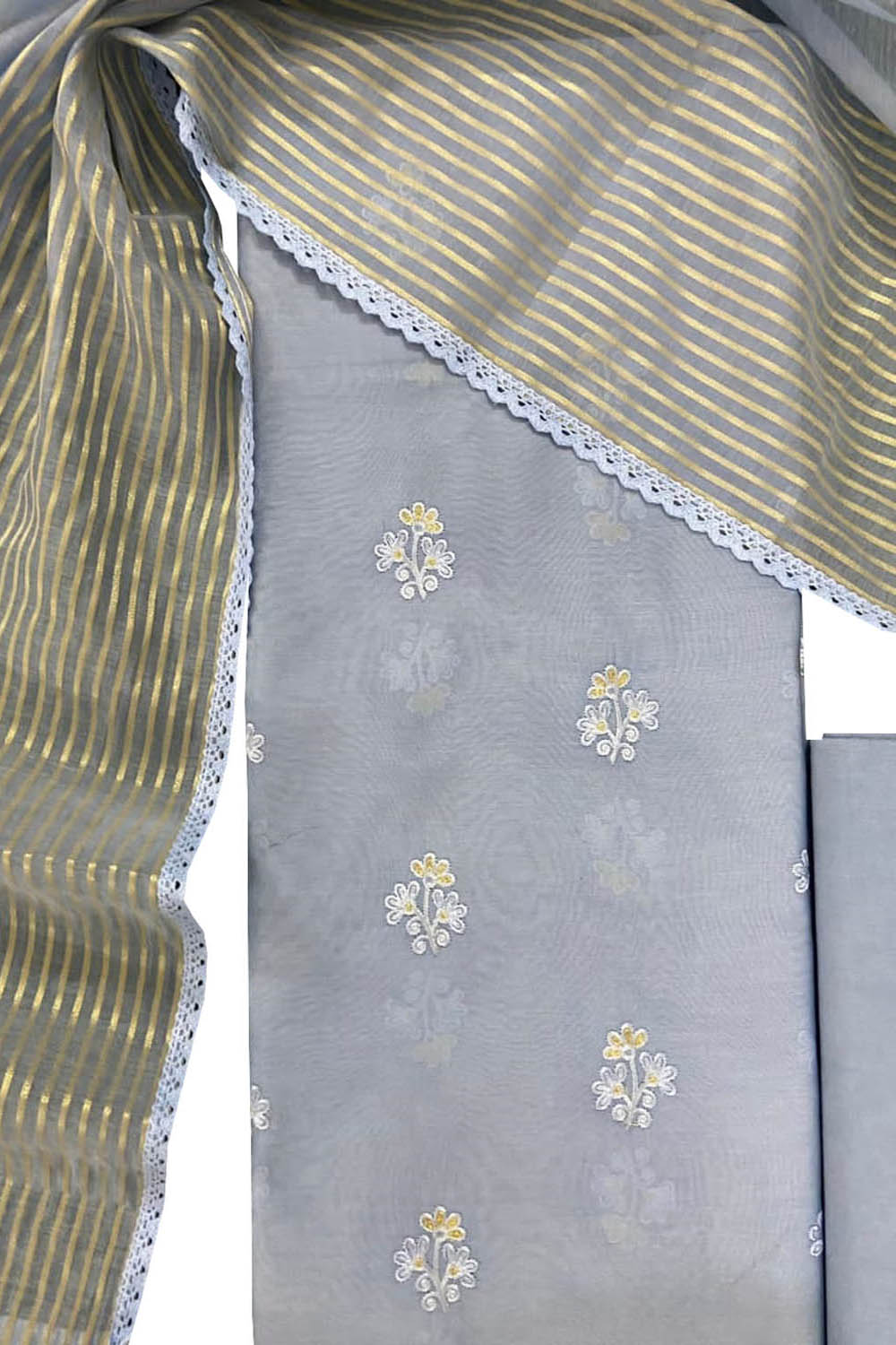 Pastel Banarasi Chanderi Silk Three Piece Unstitched Suit Set - Luxurion World