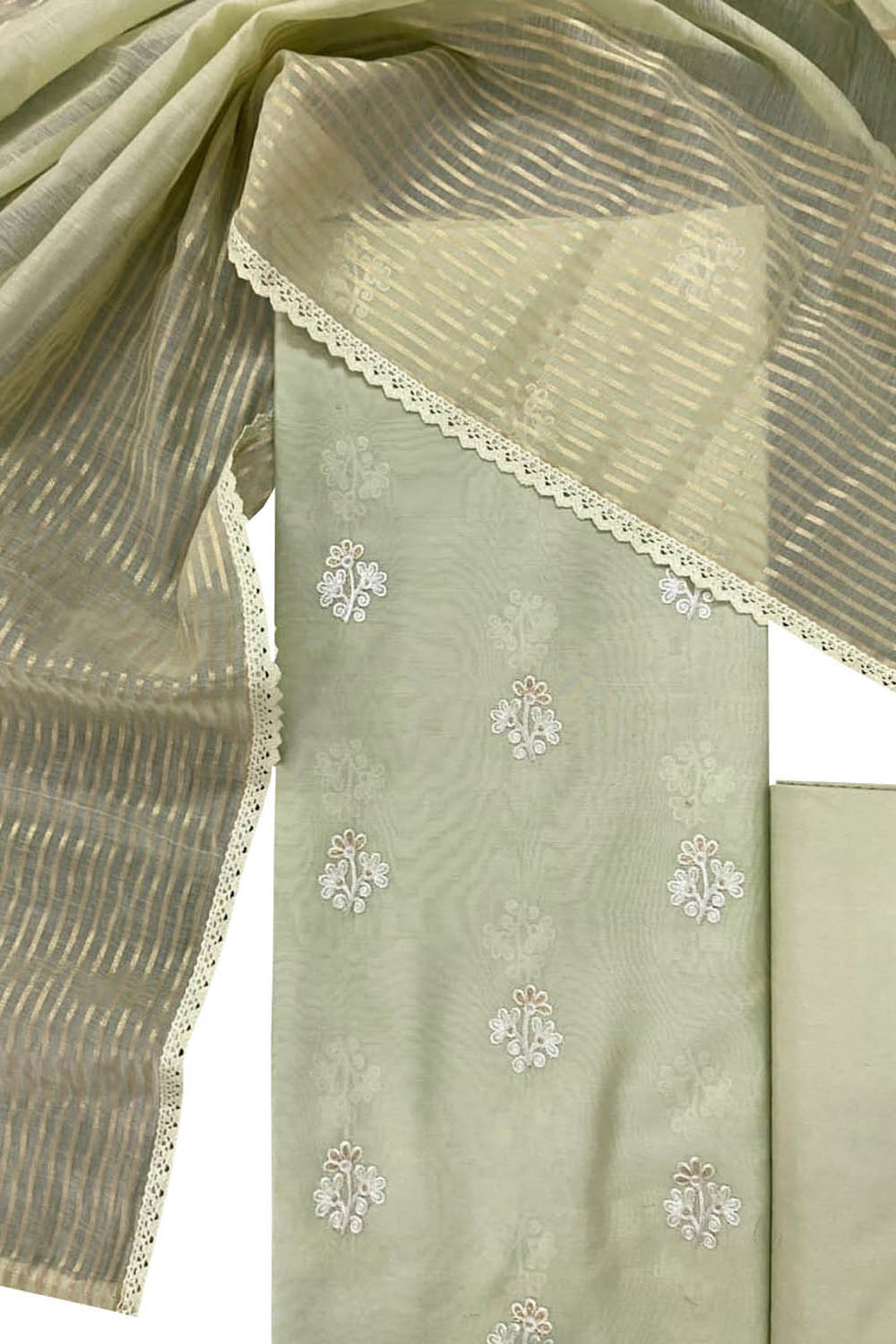 Green Banarasi Chanderi Silk Three Piece Unstitched Suit Set