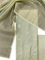 Green Banarasi Chanderi Silk Three Piece Unstitched Suit Set - Luxurion World
