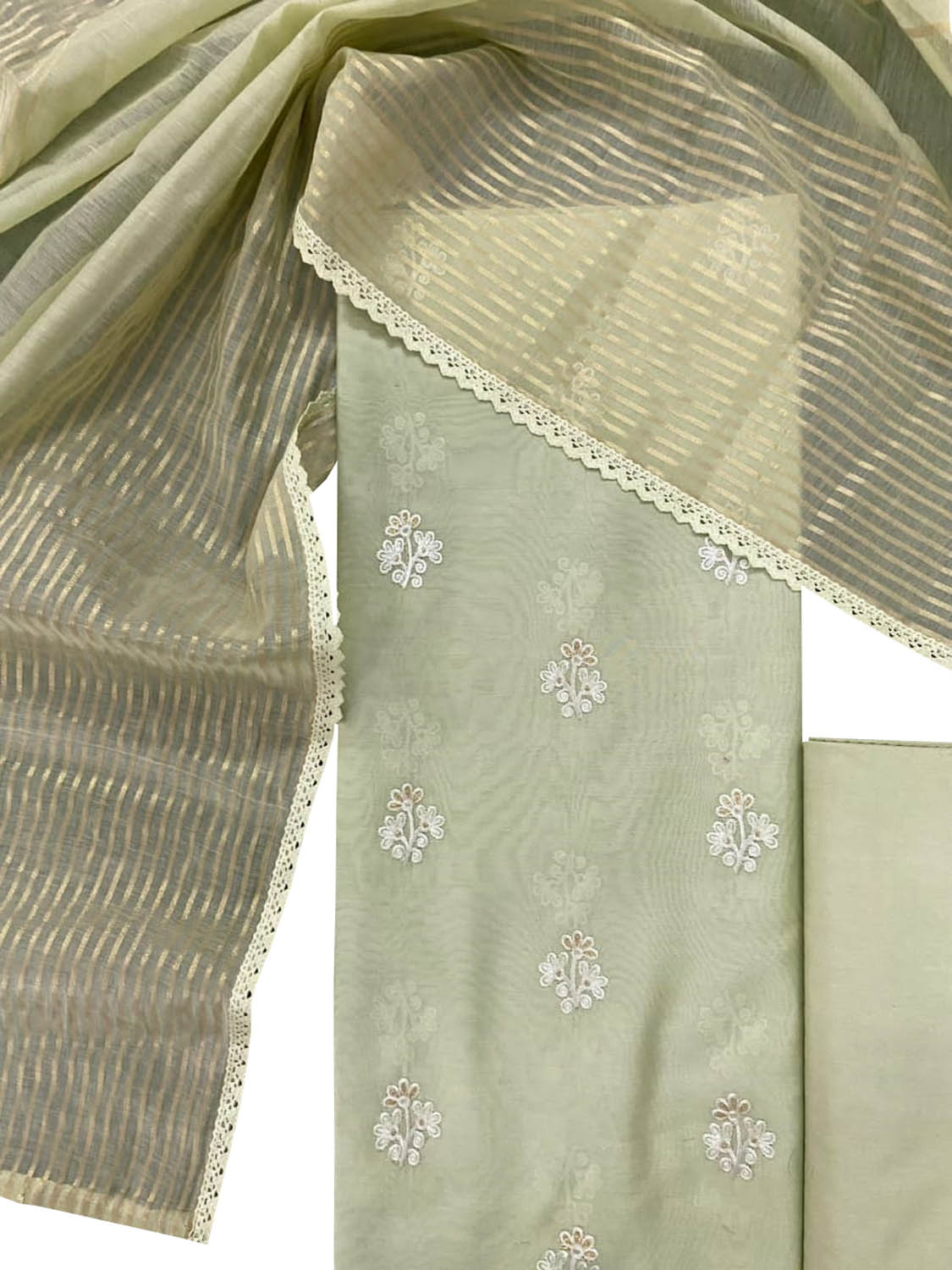 Green Banarasi Chanderi Silk Three Piece Unstitched Suit Set - Luxurion World