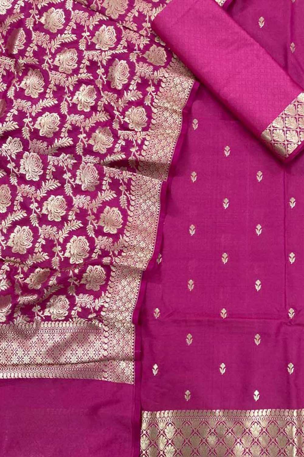 Stunning Pink Banarasi Silk Suit Set - Unstitched Three Piece for Elegant Look