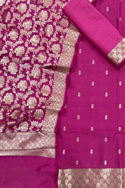 Stunning Pink Banarasi Silk Suit Set - Unstitched Three Piece for Elegant Look - Luxurion World