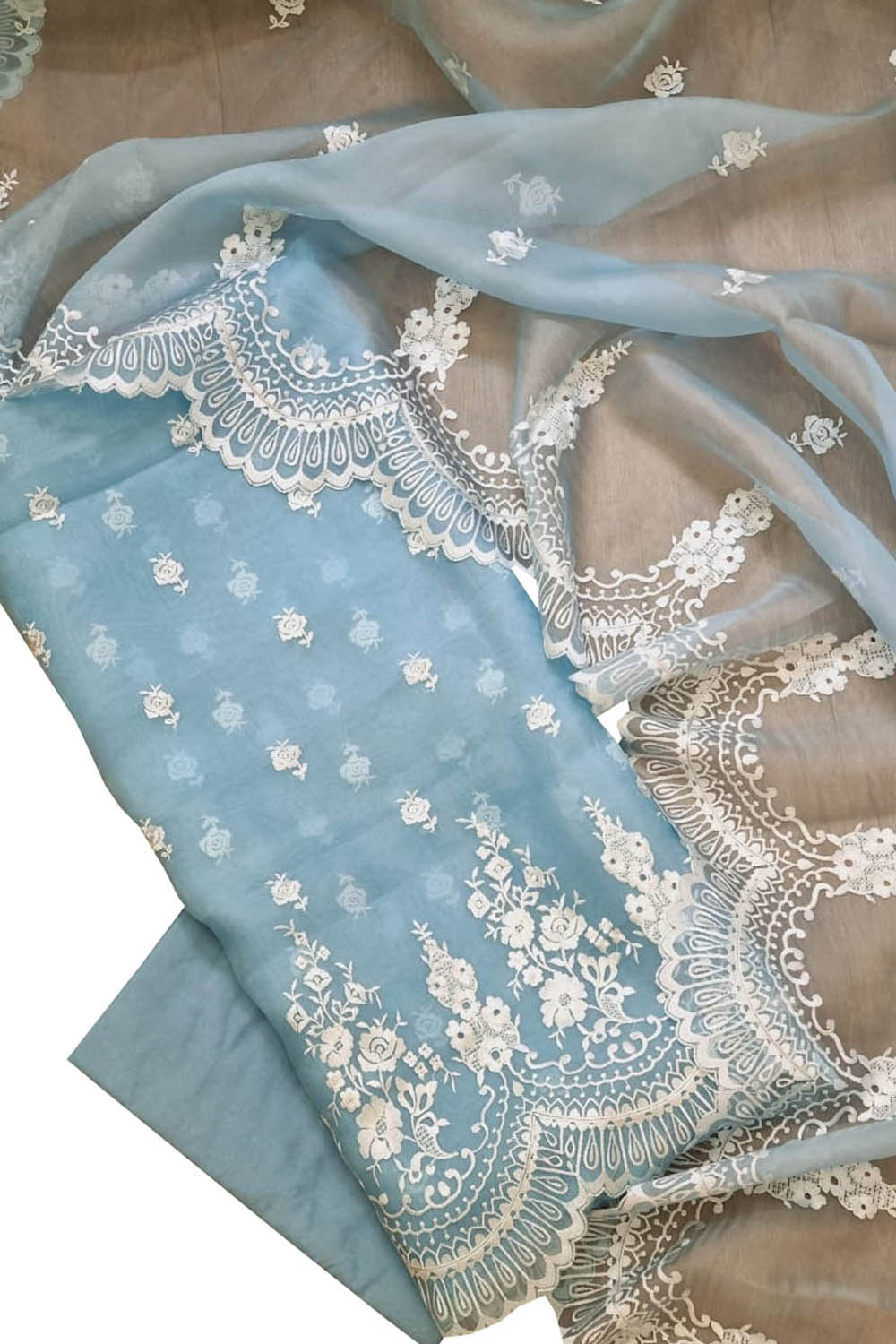 Stunning Blue Banarasi Organza Suit with Embroidery - 3 Piece Unstitched Set