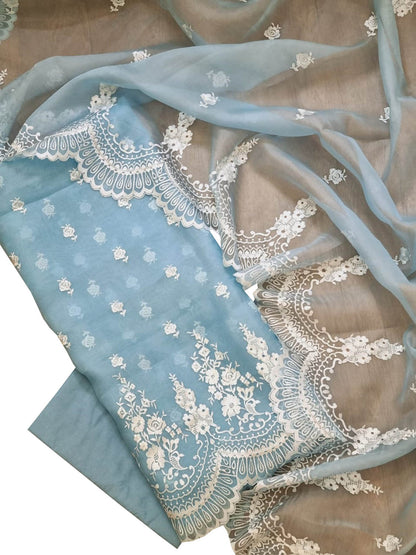 Stunning Blue Banarasi Organza Suit with Embroidery - 3 Piece Unstitched Set - Luxurion World