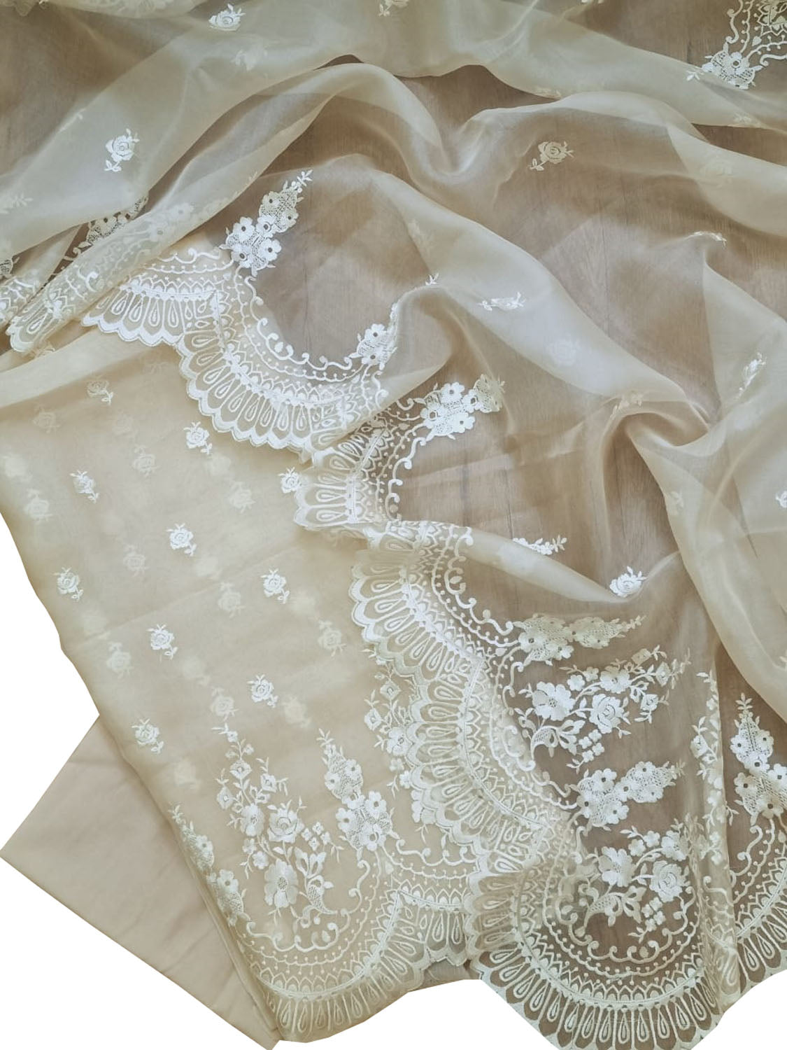 Stunning Off White Banarasi Embroidered Organza Suit Set - Unstitched