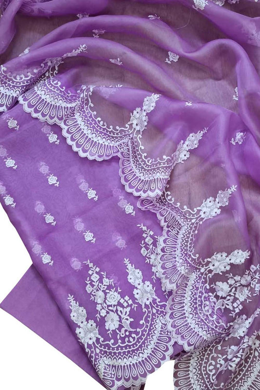Stunning Purple Banarasi Organza Suit Set with Embroidery - Unstitched