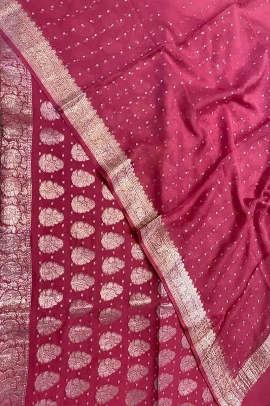 Stunning Pink Banarasi Handloom Chiffon Suit Set - Unstitched 3-Piece - Luxurion World