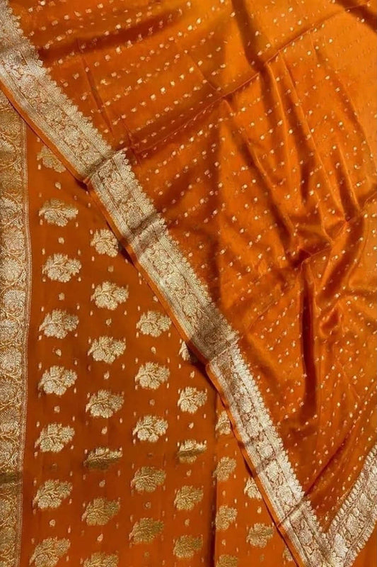 Stunning Orange Banarasi Handloom Chiffon Suit Set - Unstitched 3-Piece - Luxurion World