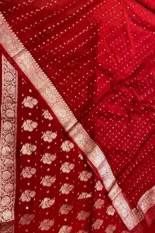 Stunning Red Banarasi Handloom Chiffon Suit Set - Unstitched 3-Piece