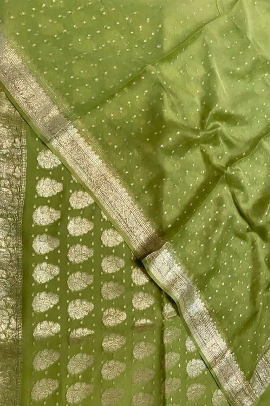 Stunning Green Banarasi Handloom Chiffon Suit Set - Unstitched 3-Piece - Luxurion World