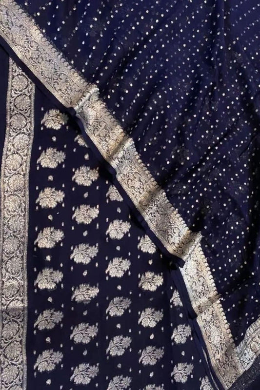 Stunning Blue Banarasi Handloom Chiffon Suit Set - Unstitched 3-Piece