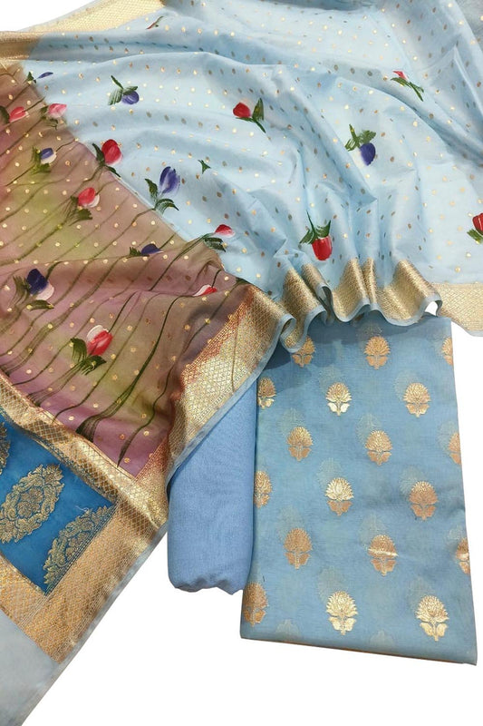 Stunning Blue Banarasi Cotton Suit Set - Unstitched Three Piece - Luxurion World