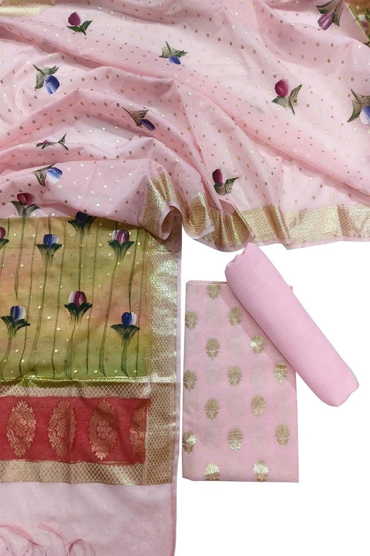 Stunning Pink Banarasi Cotton Suit Set - Unstitched 3-Piece - Luxurion World