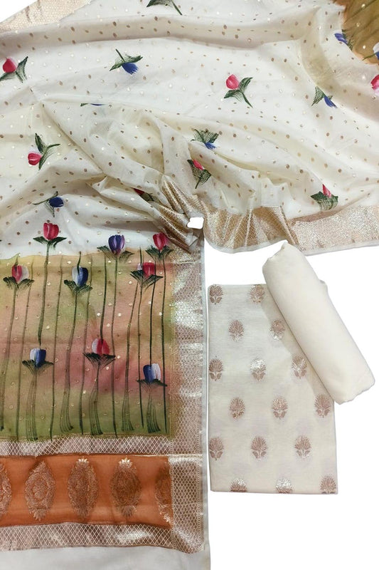 Stylish Pastel Banarasi Cotton Suit Set - Unstitched Three Piece - Luxurion World