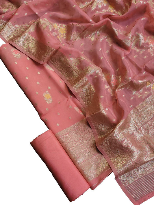 Pink Banarasi Organza Silk Three Piece Unstitched Suit Set