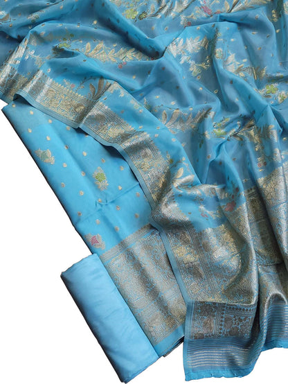 Blue Banarasi Organza Silk Three Piece Unstitched Suit Set