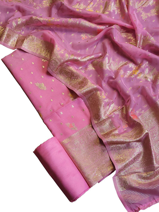 Pink Banarasi Organza Silk Three Piece Unstitched Suit Set
