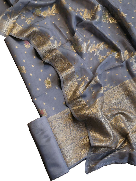 Grey Banarasi Organza Silk Three Piece Unstitched Suit Set - Luxurion World