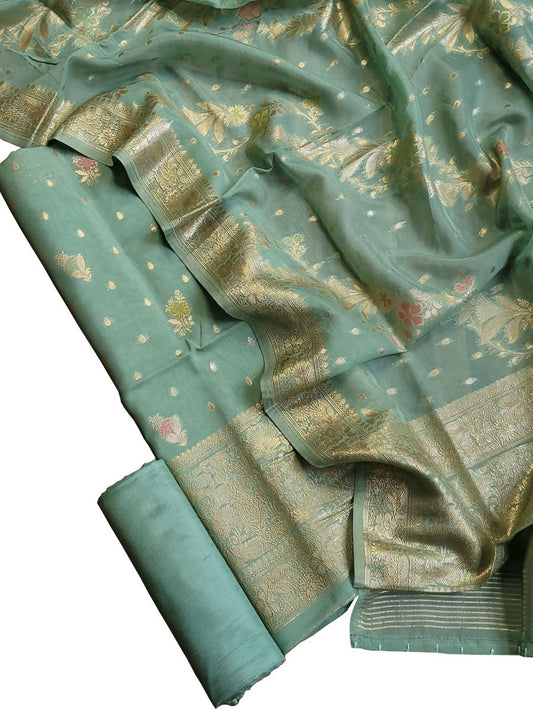 Green Banarasi Organza Silk Three Piece Unstitched Suit Set - Luxurion World