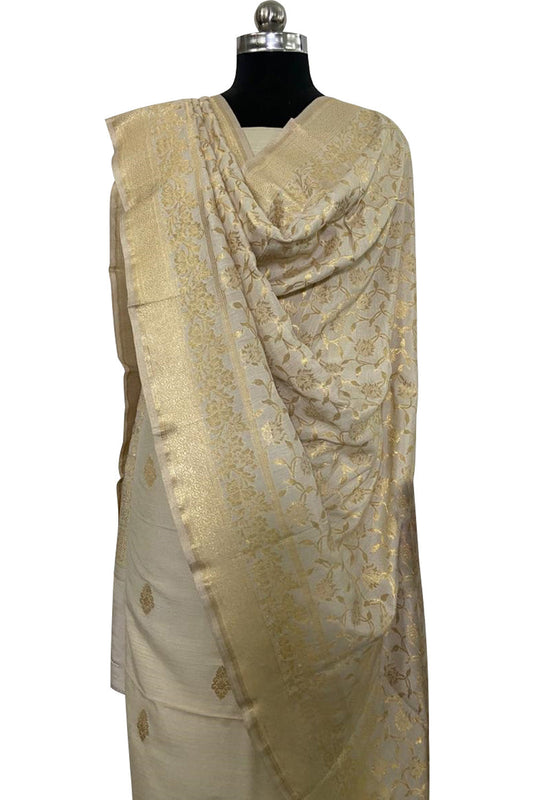 Pastel Banarasi Handloom Pure Moonga Silk Three Piece Unstitched Suit Set - Luxurion World