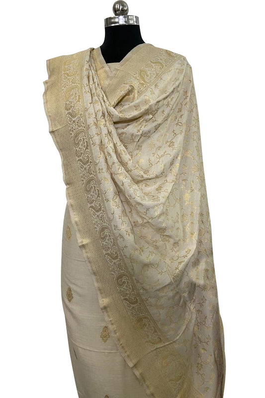 Pastel Banarasi Handloom Pure Moonga Silk Three Piece Unstitched Suit Set - Luxurion World