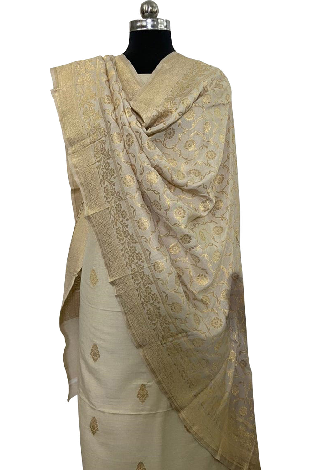 Pastel Banarasi Handloom Pure Moonga Silk Three Piece Unstitched Suit Set - Luxurion World
