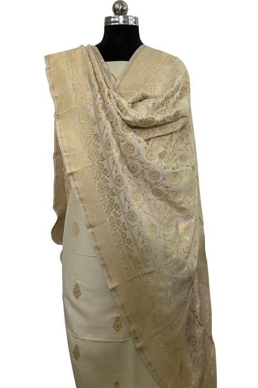 Pastel Banarasi Handloom Pure Moonga Silk Three Piece Unstitched Suit Set Suit Set