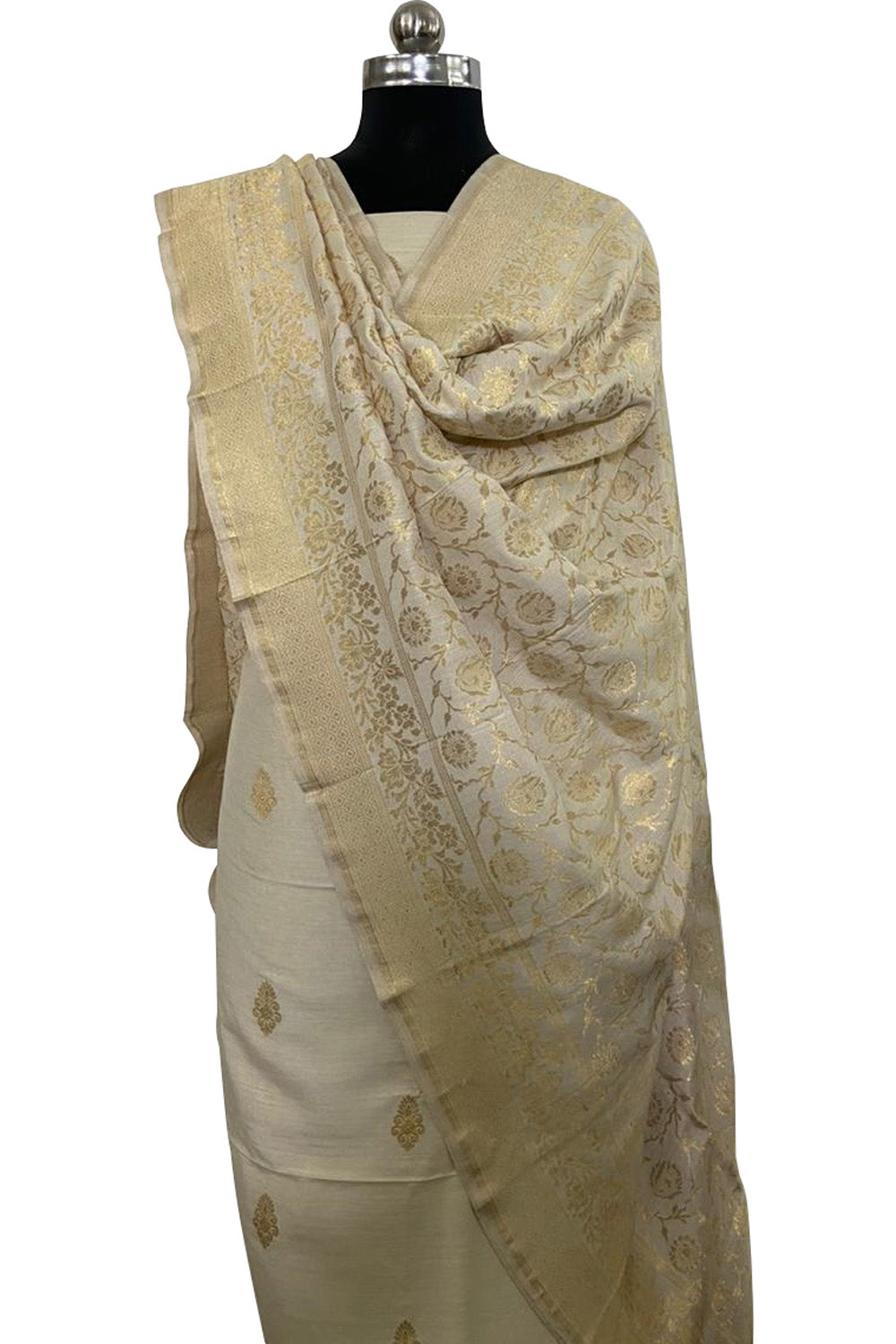 Pastel Banarasi Handloom Pure Moonga Silk Three Piece Unstitched Suit Set - Luxurion World