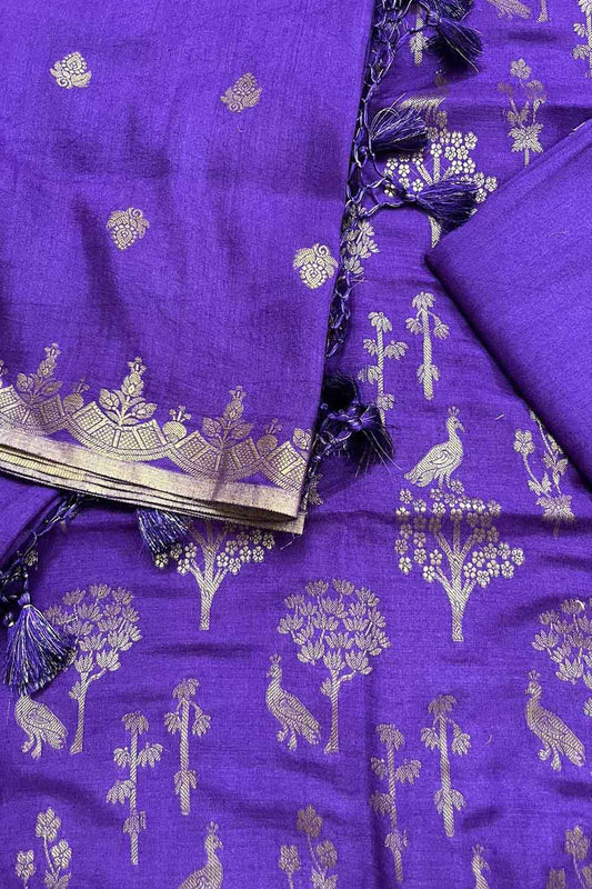Purple Banarasi Handloom Pure Moonga Silk Three Piece Unstitched Suit Set - Luxurion World