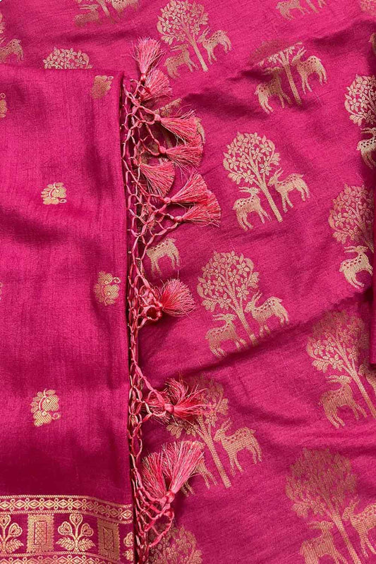 Pink Banarasi Handloom Pure Moonga Silk Three Piece Unstitched Suit Set - Luxurion World