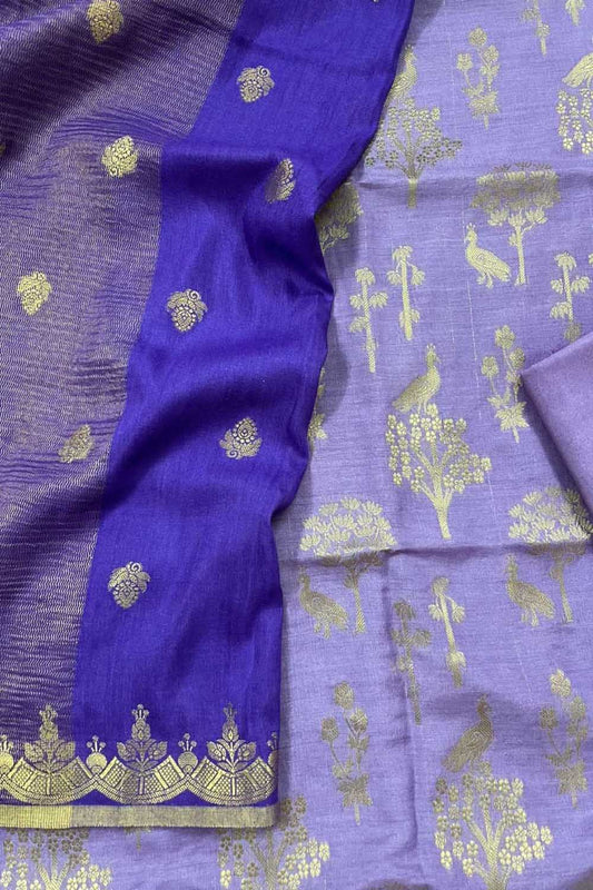 Purple Banarasi Handloom Pure Moonga Silk Three Piece Unstitched Suit Set - Luxurion World