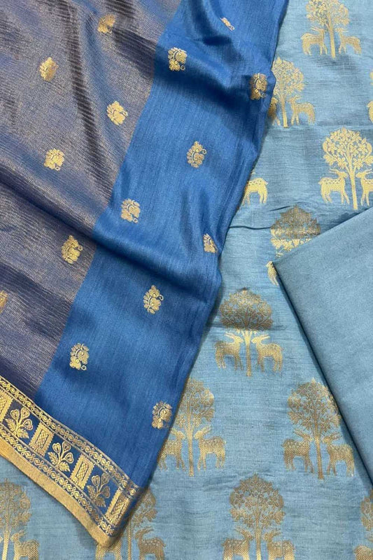 Blue Banarasi Handloom Pure Moonga Silk Three Piece Unstitched Suit Set - Luxurion World