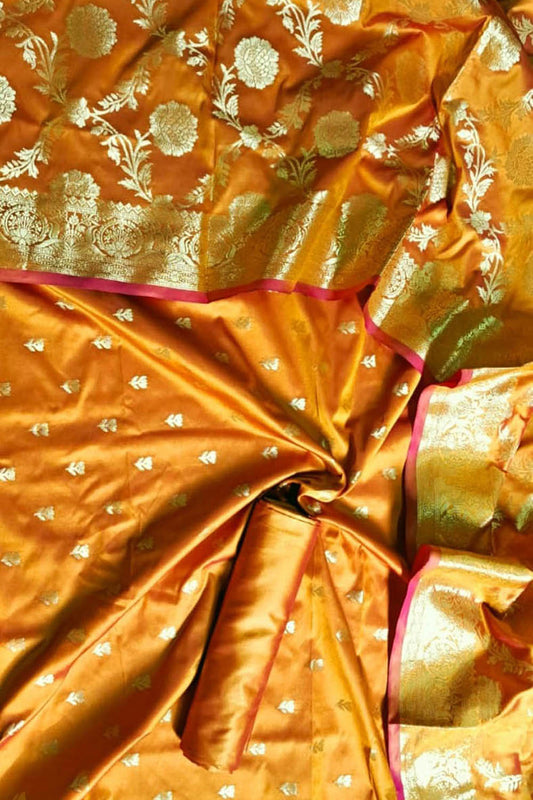 Elegant Orange Banarasi Silk Unstitched Suit Set