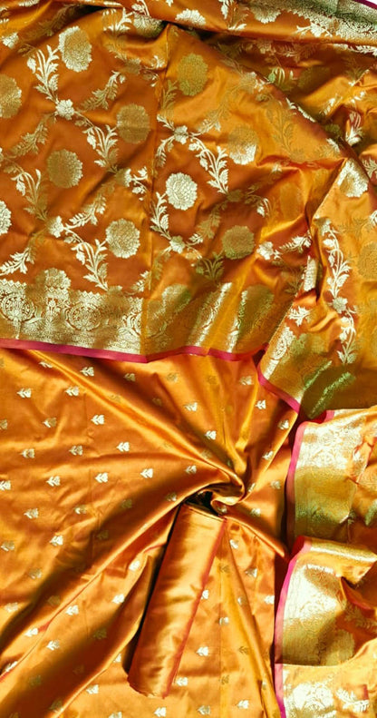 Elegant Orange Banarasi Silk Unstitched Suit Set - Luxurion World