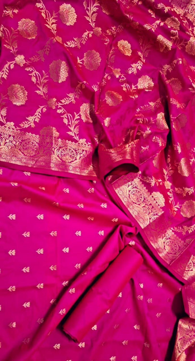 Elegant Pink Banarasi Silk Unstitched Suit Set - Luxurion World