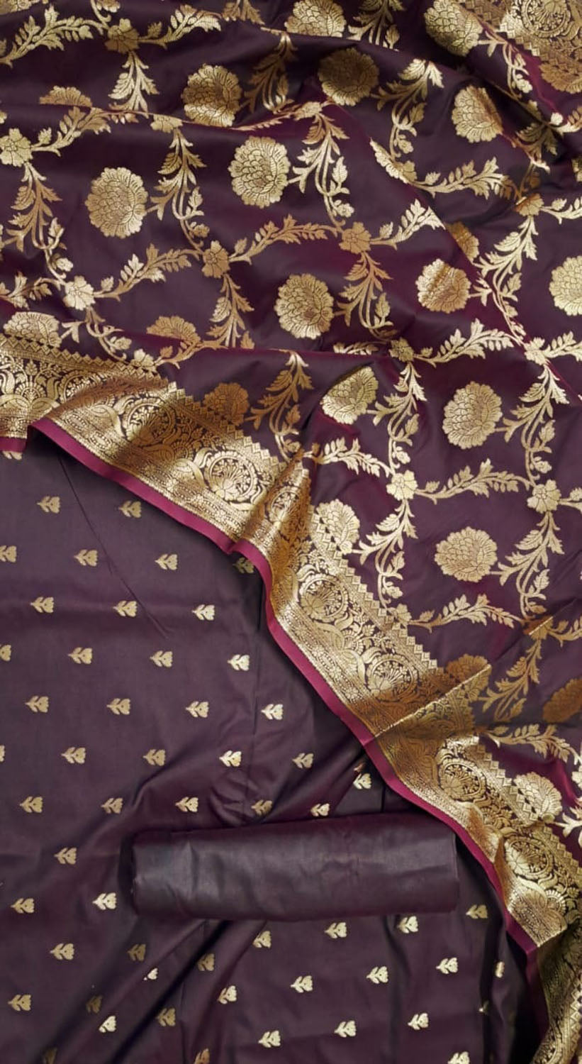 Elegant Maroon Banarasi Silk Unstitched Suit Set - Luxurion World