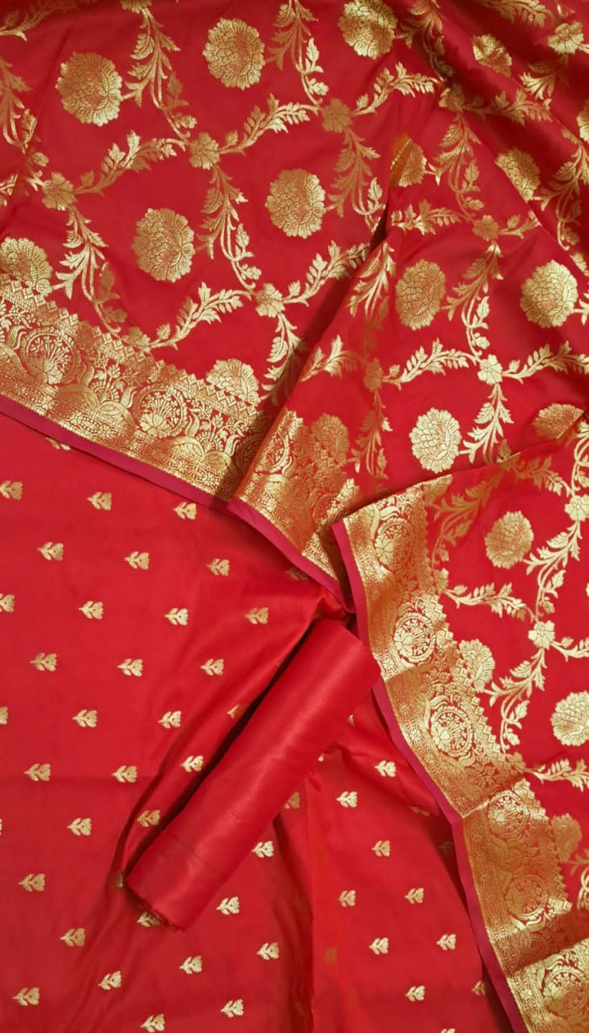 Elegant Red Banarasi Silk Unstitched Suit Set - Luxurion World