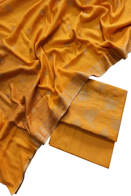 Yellow Banarasi Handloom Pure Moonga Silk Three Piece Unstitched Suit Set