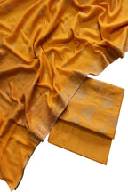 Yellow Banarasi Handloom Pure Moonga Silk Three Piece Unstitched Suit Set - Luxurion World
