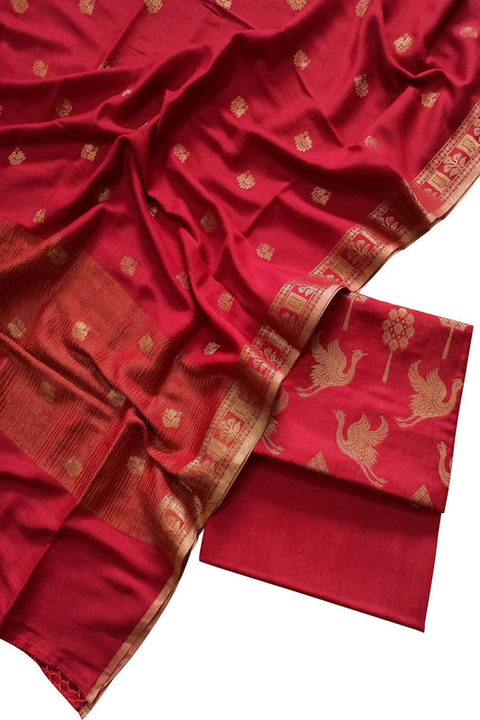 Elegant Red Banarasi Handloom Pure Moonga Silk Suit Set - Luxurion World