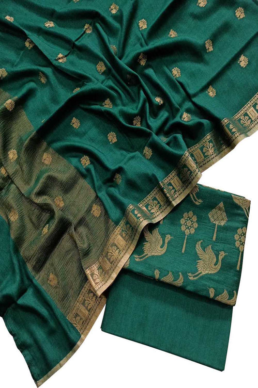 Exquisite Green Banarasi Handloom Pure Moonga Silk Three Piece Unstitched Suit Set - Luxurion World