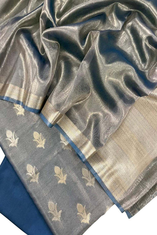 Elegant Blue Banarasi Tissue Silk Suit Set: Unstitched Luxury - Luxurion World