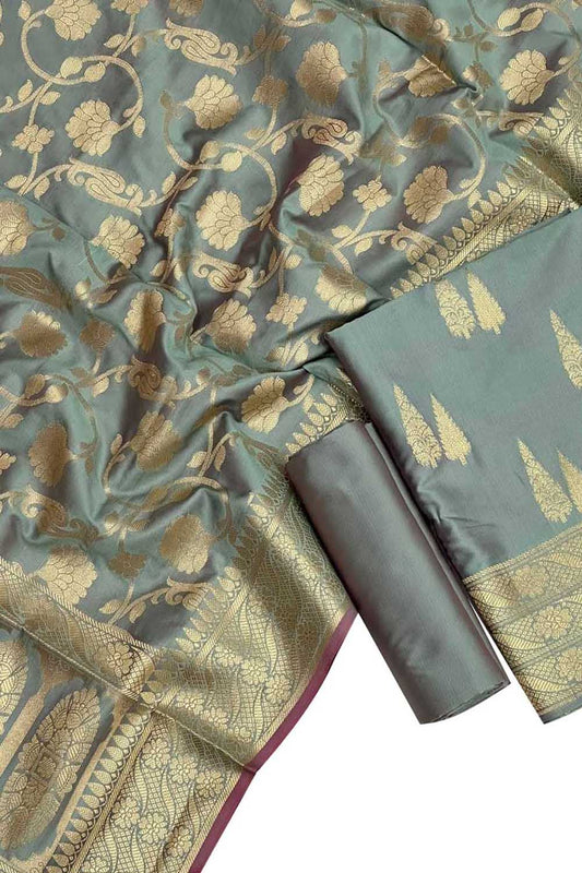 Grey Banarasi Silk Suit Set - Elegant and Unstitched