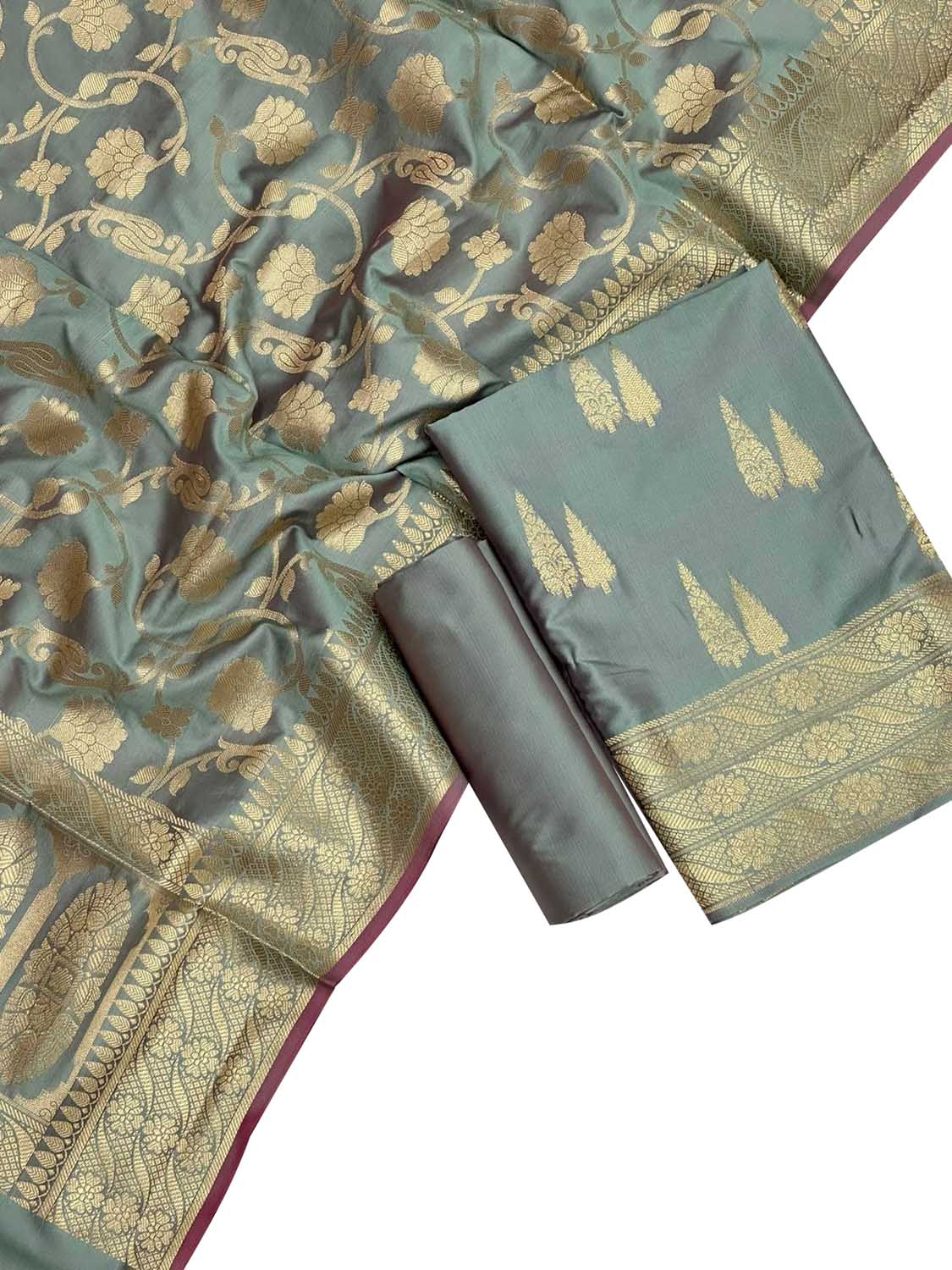 Grey Banarasi Silk Suit Set - Elegant and Unstitched - Luxurion World