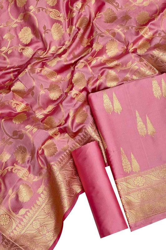 Get the Latest Banarasi Silk Suit Set - Pink Three Piece Unstitched | Shop Now! - Luxurion World