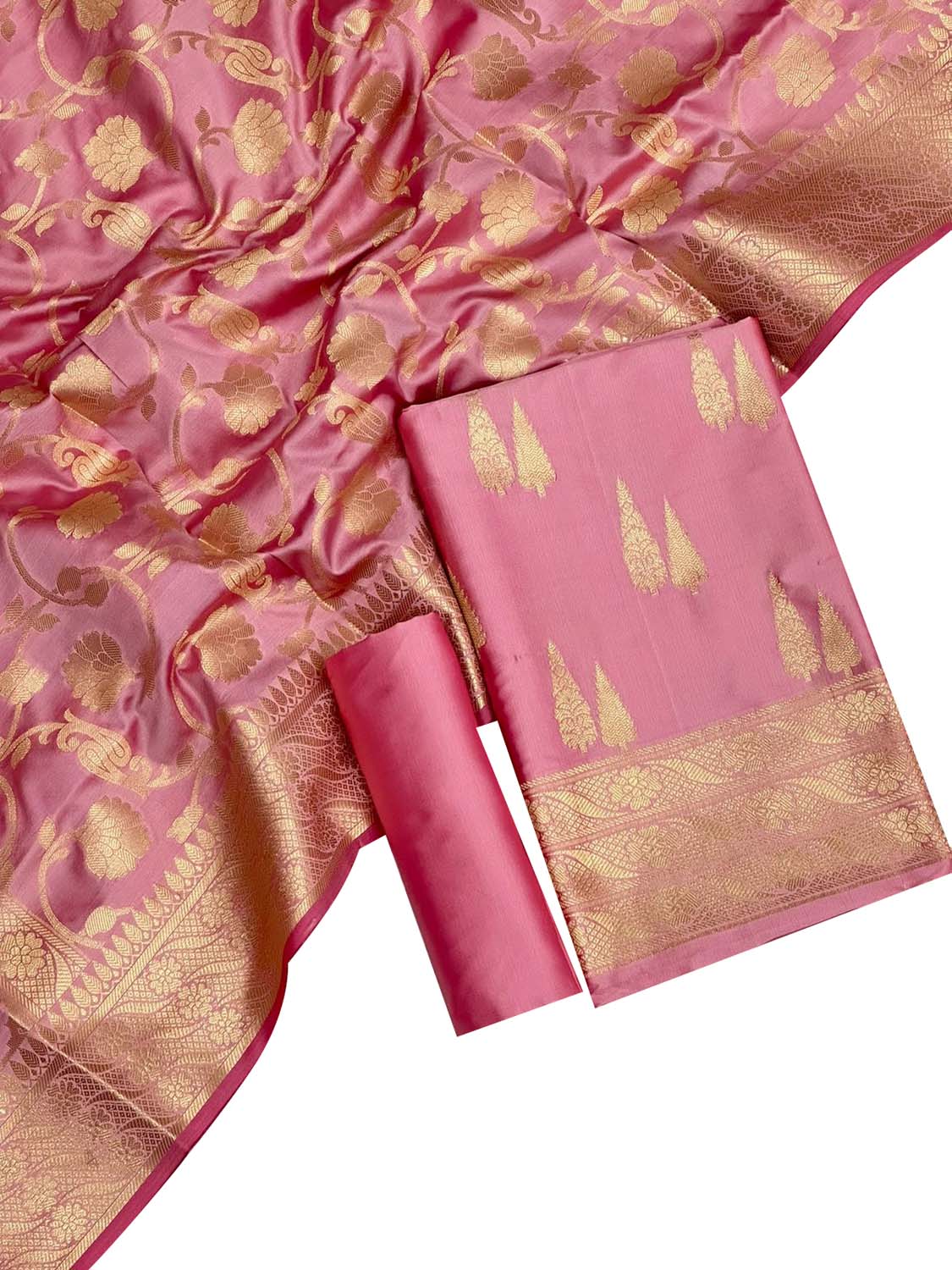 Get the Latest Banarasi Silk Suit Set - Pink Three Piece Unstitched | Shop Now! - Luxurion World